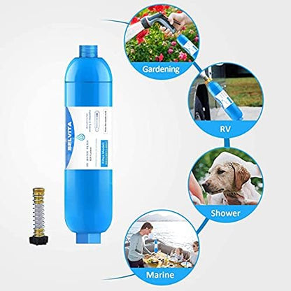 BELVITA RV Inline Water Filter with Solid Brass 90 Degree Hose Elbow, Eliminates Stress and Strain On RV Water Intake Hose Fittings(2 Pack)