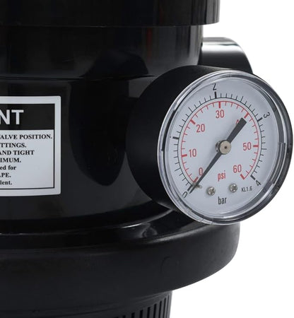 vidaXL 4-way Multiport Valve for Pool Sand Filter - 1.5” Fitting Connectors, ABS Material, With Pressure Gauge - Top-mount - Easy-to-use Lever-action Handle - Black