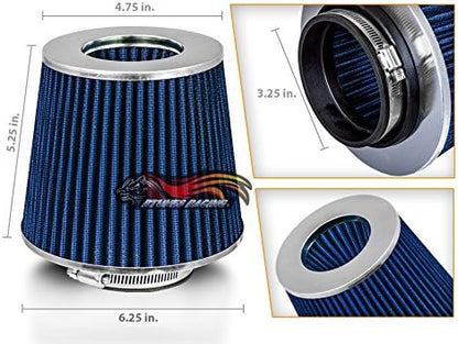 Rtunes Racing Universal Clamp-On Air Filter, Standard Cone, Dry Washable Design, Multiple Inlet Sizes (Blue, 3.25" Inch)