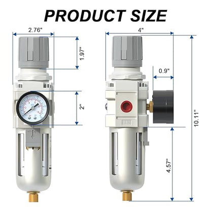 AIRZOE 1/2" NPT Air Filter Regulator Combo Piggyback,5 Micron Brass Element, Semi-Auto Drain,Air Pressure Regulator AW4000-04,0-145 psi Gauge