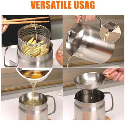 Stainless Steel Oil Filter Pot, Home Oil Fryer Strainer, Stainless Steel Oil Fryer Strainer Food Fryer 2 In 1 Oil Strainer Pot Fryer, Stove Top Deep Fryer with Handle