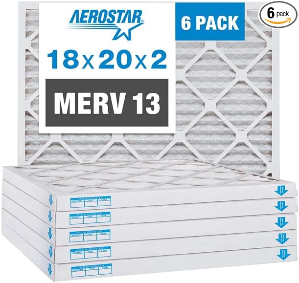 Aerostar 18x20x2 MERV 13 Pleated Air Filter, AC Furnace Air Filter, 6 Pack (Actual Size: 17 1/2" x 19 1/2" x 1 3/4")