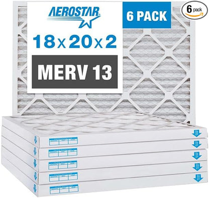 Aerostar 18x20x2 MERV 13 Pleated Air Filter, AC Furnace Air Filter, 6 Pack (Actual Size: 17 1/2" x 19 1/2" x 1 3/4")