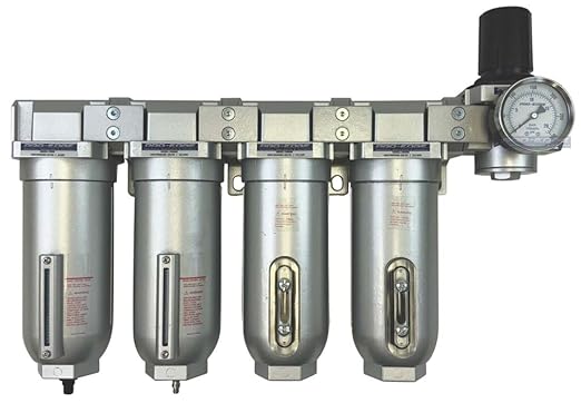 1" NPT Industrial (5-Stage) Moisture Removing Particulate Filter and Oil Removing Coalescing Filter and Two Desiccant Air Dryers and Air Pressure Regulator