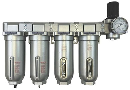 1" NPT Industrial (5-Stage) Moisture Removing Particulate Filter and Oil Removing Coalescing Filter and Two Desiccant Air Dryers and Air Pressure Regulator