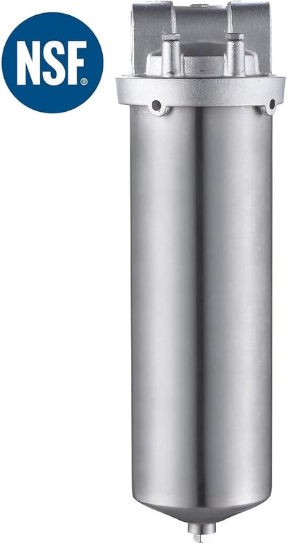 Amwater NSF/ANSI 42 Certification Stainless Steel Filter Housing for 10" Filter Cartridge, 1" NPT Water Filter Housing, Drain Valve Style C (Square Head)