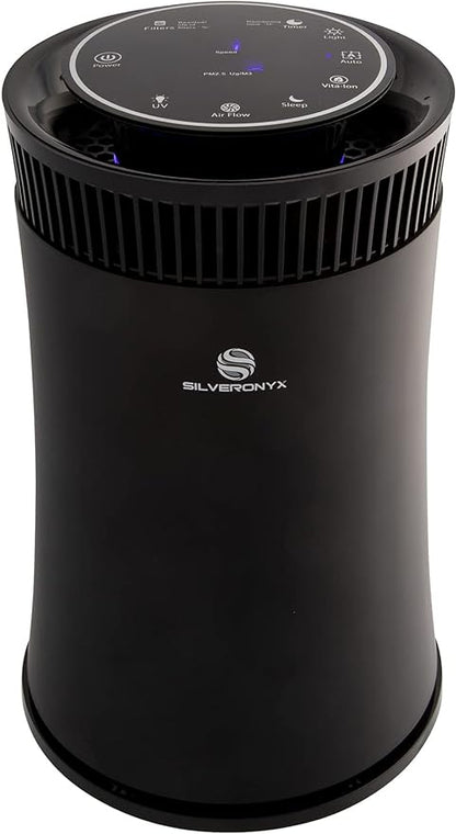 Air Purifier for Home Large Room – 5-in-1 HEPA Filter System, Covers Up to 500 Sq Ft for New Home for Allergies, Pets, Smoke, Remove Dust & Odor, Quiet, High Filtration Efficiency – SILVERONYX, Black