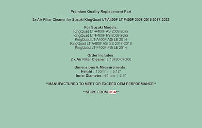 Generic Replacement Air Filter Cleaner For Suzuki KingQuad LT-A400F LT-F400F 2008-2015 2017-2022