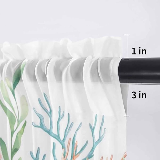 Summer Beach Sheer Valance Curtains, Ocean Colorful Coral Shell Seaweed Starfish Light Filtering Kitchen Valances Rod Pocket Voile Curtain Window Treatment for Bedroom/Living Room/Basement 60Wx18L