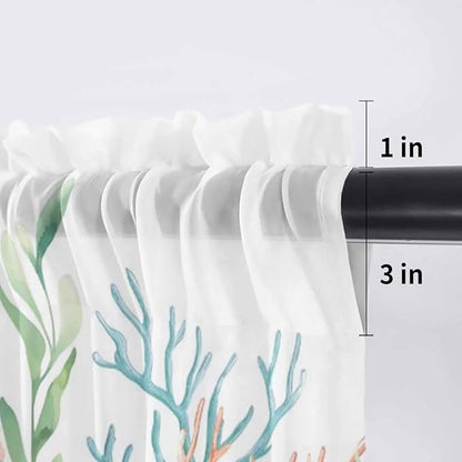 Summer Beach Sheer Valance Curtains, Ocean Colorful Coral Shell Seaweed Starfish Light Filtering Kitchen Valances Rod Pocket Voile Curtain Window Treatment for Bedroom/Living Room/Basement 42Wx18L