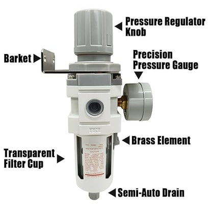 1/2" NPT Air Filter Pressure Regulator Combo Water Separator for Air Compressor Line Semi-Auto Drain 5 Micron Brass Element 0-150 psi Gauge