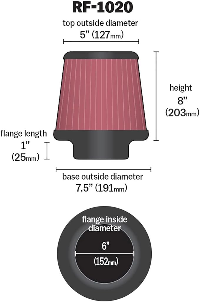 K&N High-Flow Original Lifetime Universal Clamp-On Air Filter: High Performance, Premium, Washable: Flange Diameter: 6 In, Filter Height: 8 In, Flange Length: 1 In, Shape: Round Tapered, RF-1020