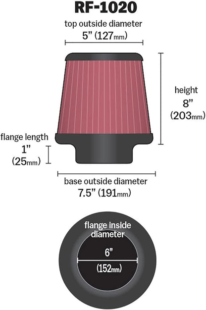 K&N High-Flow Original Lifetime Universal Clamp-On Air Filter: High Performance, Premium, Washable: Flange Diameter: 6 In, Filter Height: 8 In, Flange Length: 1 In, Shape: Round Tapered, RF-1020