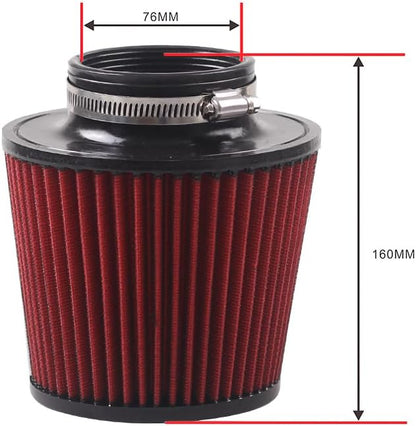 3" 76mm Universal Cold Air Intake Filter with Dustproof Cover – High Flow Round Tapered Cone Air Cleaner with Closed Top Design