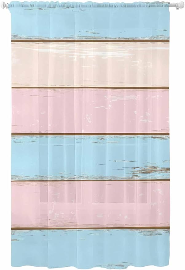 Sheer Curtains 108 Inches Long, Pink Blue Wood Grain Semi Sheer Curtains Light Filtering Window Treatment, Farmhouse Country Shabby Striped Privacy Voile Drapes for Living Room Bedroom 52x108 Inch