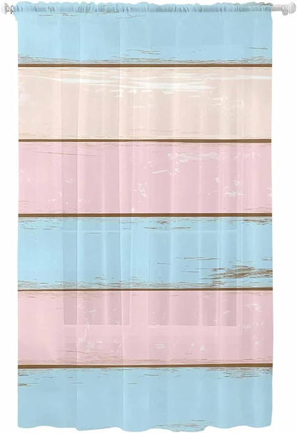 Sheer Curtains 108 Inches Long, Pink Blue Wood Grain Semi Sheer Curtains Light Filtering Window Treatment, Farmhouse Country Shabby Striped Privacy Voile Drapes for Living Room Bedroom 52x108 Inch