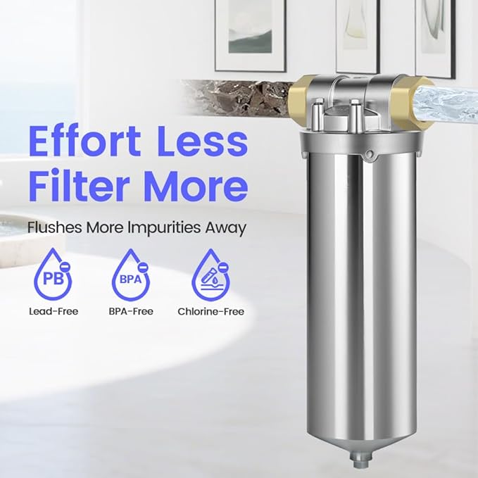 Amwater NSF/ANSI 42 Certification Stainless Steel Filter Housing for 10" Filter Cartridge, 1" NPT Water Filter Housing, Drain Valve Style C (Square Head)