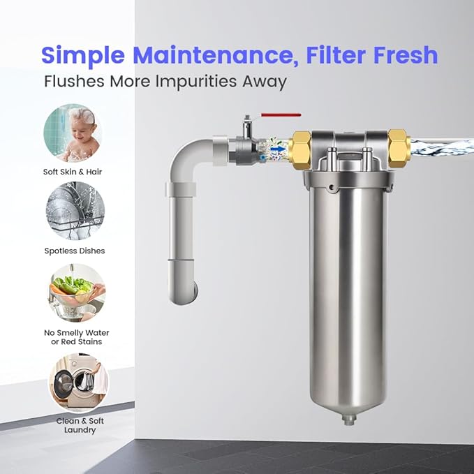 Amwater NSF/ANSI 42 Certification Stainless Steel Filter Housing for 10" Filter Cartridge, 1" NPT Water Filter Housing, Drain Valve Style C (Square Head)