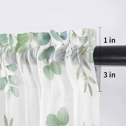 Eucalyptus Leaves Daisy Sheer Valance Curtains, Summer Farmhouses Flower Light Filtering Kitchen Valances Rod Pocket Voile Curtain Window Treatment for Bedroom/Living Room/Basement 42Wx18L