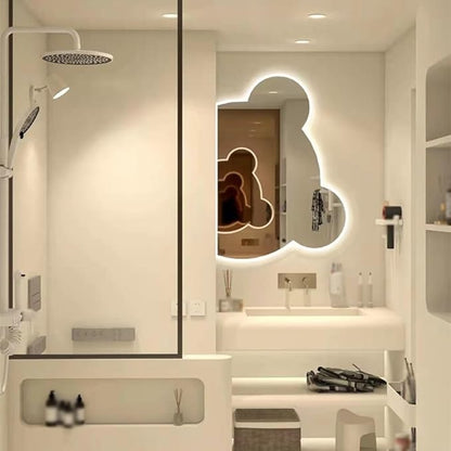 LTSRLL LED Vanity Mirror Cute Bear Decorative Mirror for Bathroom & Dressing Tabler Backlight Wall Mirror with 3 Color Dimmable Light Demister Pad Human Body Sensor Switch(Cut Left,70cmx85cm)