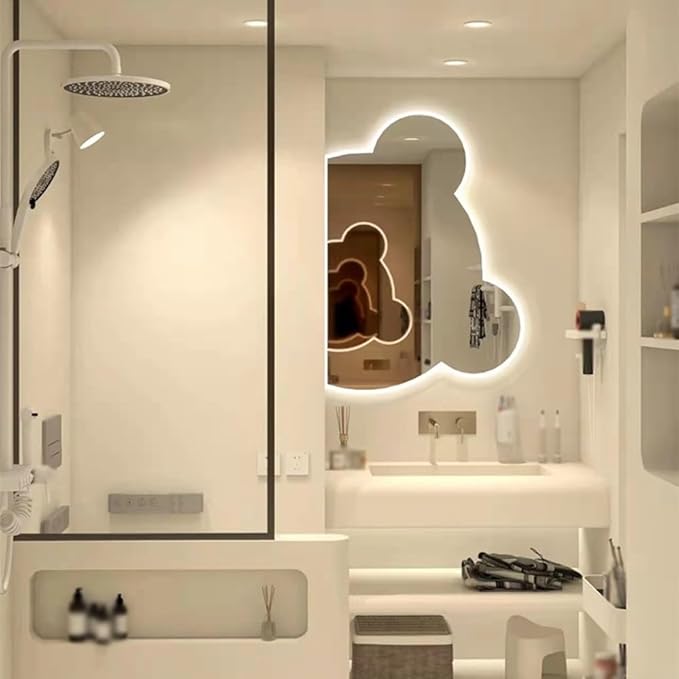 LTSRLL LED Vanity Mirror Cute Bear Decorative Mirror for Bathroom & Dressing Tabler Backlight Wall Mirror with 3 Color Dimmable Light Demister Pad Human Body Sensor Switch(Cut Down,70cmx85cm)