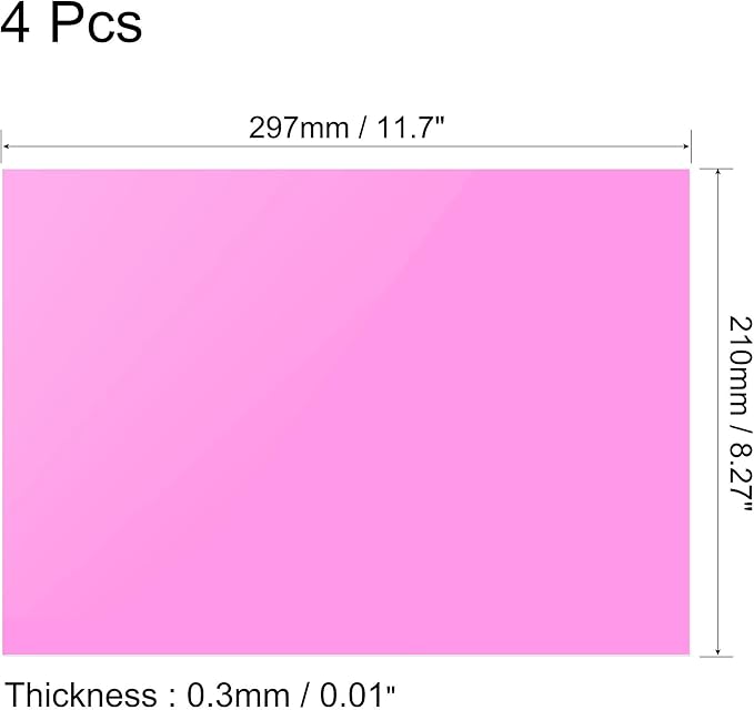 uxcell 4Pcs A4 Gel Light Lighting Filter Overlay Transparent Color Correction Plastic Vinyl PVC Sheets Photography Television Pink,0.3mm