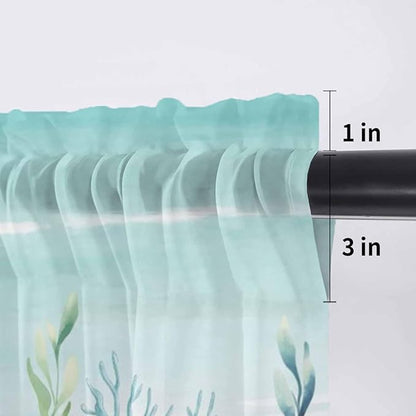 Summer Beach Sheer Valance Curtains, Green Ocean Colorful Coral Shell Seaweed Starfish Sandy Light Filtering Kitchen Valances Rod Pocket Voile Curtain for Bedroom/Living Room/Basement 42Wx18L