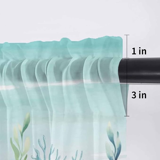 Summer Beach Sheer Valance Curtains, Green Ocean Colorful Coral Shell Seaweed Starfish Sandy Light Filtering Kitchen Valances Rod Pocket Voile Curtain for Bedroom/Living Room/Basement 60Wx18L