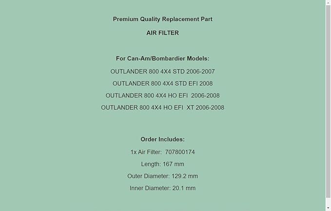 Replacement Air Filter For Can-Am Bombardier Outlander 800 4X4 Std Xt 2006-2008
