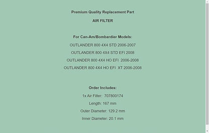 Replacement Air Filter For Can-Am Bombardier Outlander 800 4X4 Std Xt 2006-2008