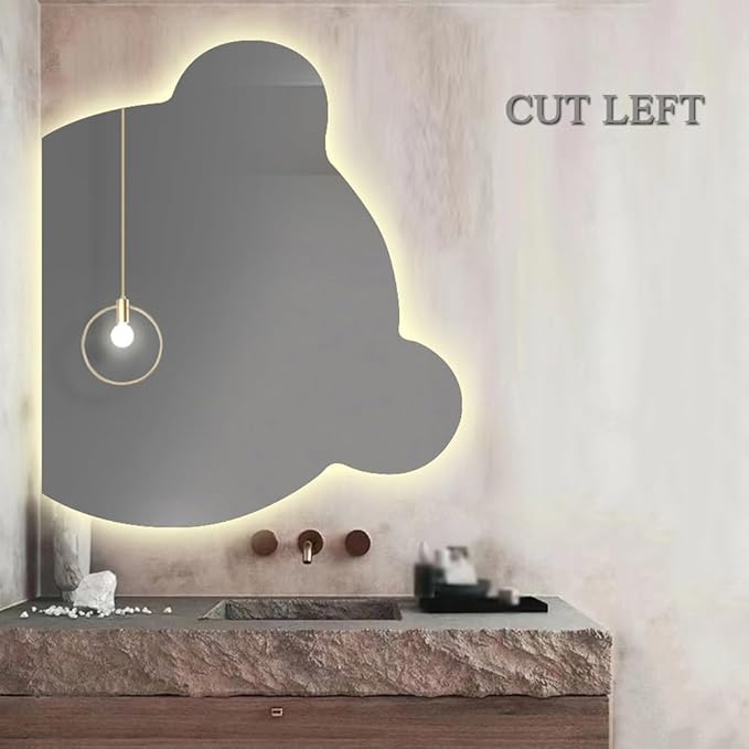 LTSRLL LED Vanity Mirror Cute Bear Decorative Mirror for Bathroom & Dressing Tabler Backlight Wall Mirror with 3 Color Dimmable Light Demister Pad Human Body Sensor Switch(Cut Left,70cmx85cm)