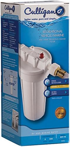 Culligan RVF-10 External RV Water Filter System – Hose Connector Kit, D-15 Replacement Cartridge Included – Reduces Chlorine Taste & Odor for Cleaner RV Water, 250 Gal