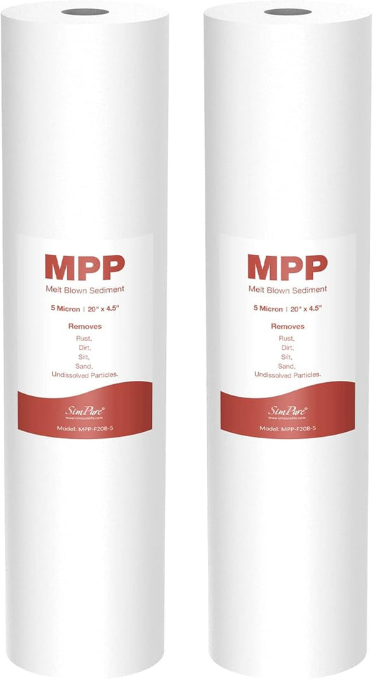 SimPure Sediment Water Filters, 5 Micron 20" x 4.5" Whole House Water Filter Replacement Compatible for SimPure DB20 Blue Housing, WGB22B, WGB32B, AP802, BB20B, BB20T, 2 Pack