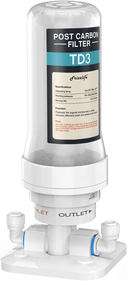 Frizzlife TD-3 Inline Water Filter, Fast Replacement Post Water Filter Removes Chlorine, VOCs & Odor, Adjust Taste, 1/4" and 3/8" Quick Connect