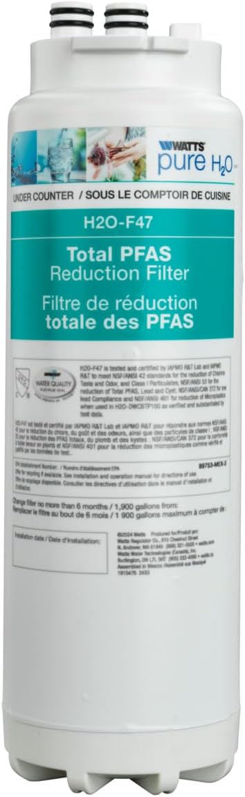 Watts Premier H2O-F47 Quick-Change Total PFAS Reduction Under Counter Water Filter Cartridge Replacement, Reduces Forever Chemicals, High Flow Rate 1.5 GPM, 1/4 Turn Quick Change, 1,900 Gal Capacity