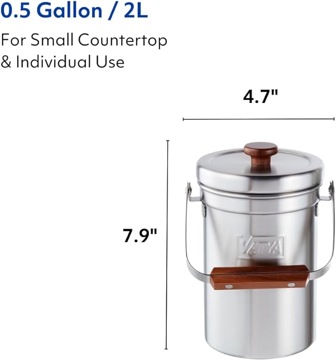 Vatya Stainless Steel Kitchen Compost Bin - NO Filter Countertop Composter, Composting Bucket, Counter Top Small Indoor Food Waste Container with Lid, Odorless Food Scrap Pail, Small 0.5 Gallon