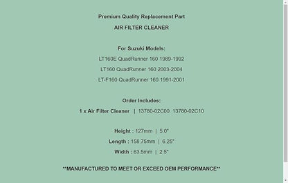 Generic Replacement 13780-02C00 Air Filter Cleaner For Suzuki LT-F160 QuadRunner 160 1989-2004