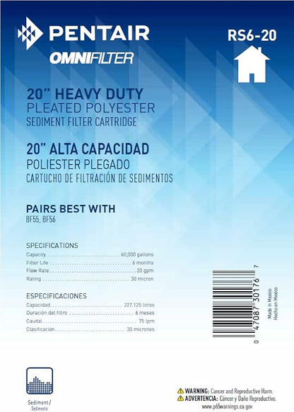 Pentair OMNIFilter RS6-20 Sediment Water Filter, 20-Inch, Whole House Heavy Duty Big Blue Pleated Replacement Cartridge, 20" x 4.5", White