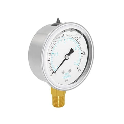 Joywayus Pressure Gauge 0-30 PSI Brass 1/4" NPT Male Thread Lower Mount, Glycerin Filled, Stainless Steel Case, Multiple Function