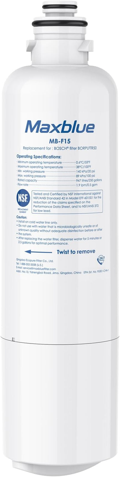 Maxblue BORPLFTR50 Replacement for Bosch® Ultra Clarity® Pro 11032531, 12033030, 11025825, BORPLFTR55, B36CD50SNS, B36CT80SNS, B36CL80ENS, B36FD50SNS, WFC100MF, Refrigerator Water Filter, 1 Filter