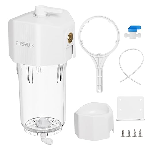 PUREPLUS Whole House Water Filtration System, 10″ × 4.5″ Housing, 1″ NPT Inlet/Outlet, Durable Housing with Bypass & Backwash, Pressure Relief, Mounting Bracket