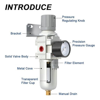 AIRZOE 3/8" NPT Air Filter Regulator Combo Piggyback,5 Micron Brass Element, Semi-Auto Drain,Air Pressure Regulator AW3000-03,0-145 psi Gauge