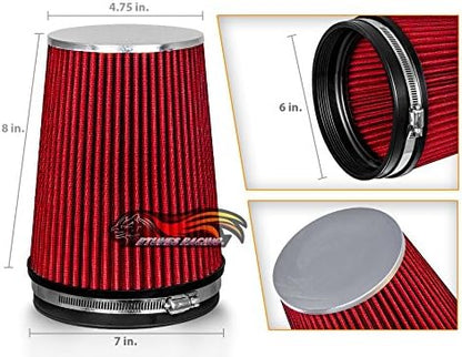 RED 6" 152 mm Inlet Truck Air Cone Replacement Performance Washable Clamp-On Dry Air Filter (8" Tall)