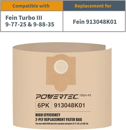 POWERTEC Shop Vacuum Bags 6PK Replacement Filter Bags for Fein Turbo III Wet/Dry Vac Dust Collection Shop Vacuum Accessories