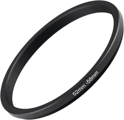 62mm to 58mm Step Up Ring Filter Adapter Black Metal Step up Adapter Rings Compatible with All Brand UV CPL ND Camera Lens Filter Step Down Ring (62mm-58mm)