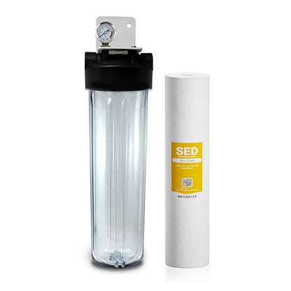 20" x 4.5" 1 Stage Whole House Water Filter System, 1" NPFT Port Single O Ring Clear Housing + Liquid Pressure Gauge with 5 Micron Polypropylene Sediment Water Filter and Wrench