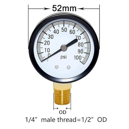Joywayus Pressure Gauge 0 to 100 PSI Brass 1/4" Male NPT Thread Lower Mount, Multiple Function