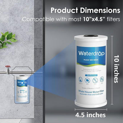 Waterdrop FXHTC Whole House Carbon Water Filter, Replacement for GE® FXHTC, GXWH40L, GXWH35F, Culligan® RFC-BBSA, American Plumber W10-PR, W10-BC, WRC25HD, 10" x 4.5" Cartridge, 5 Micron, Pack of 4