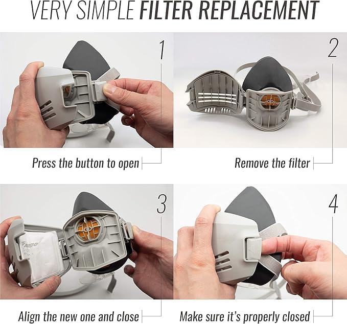 Reusable Respirator Mask with 7 Filters – Half Mask Respirator for Woodworking, Welding, Polishing Painting and Work Protection – Comfortable Quick-Release Headband and Dual Filtration