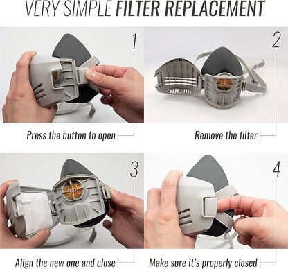 Reusable Respirator Mask with 7 Filters – Half Mask Respirator for Woodworking, Welding, Polishing Painting and Work Protection – Comfortable Quick-Release Headband and Dual Filtration